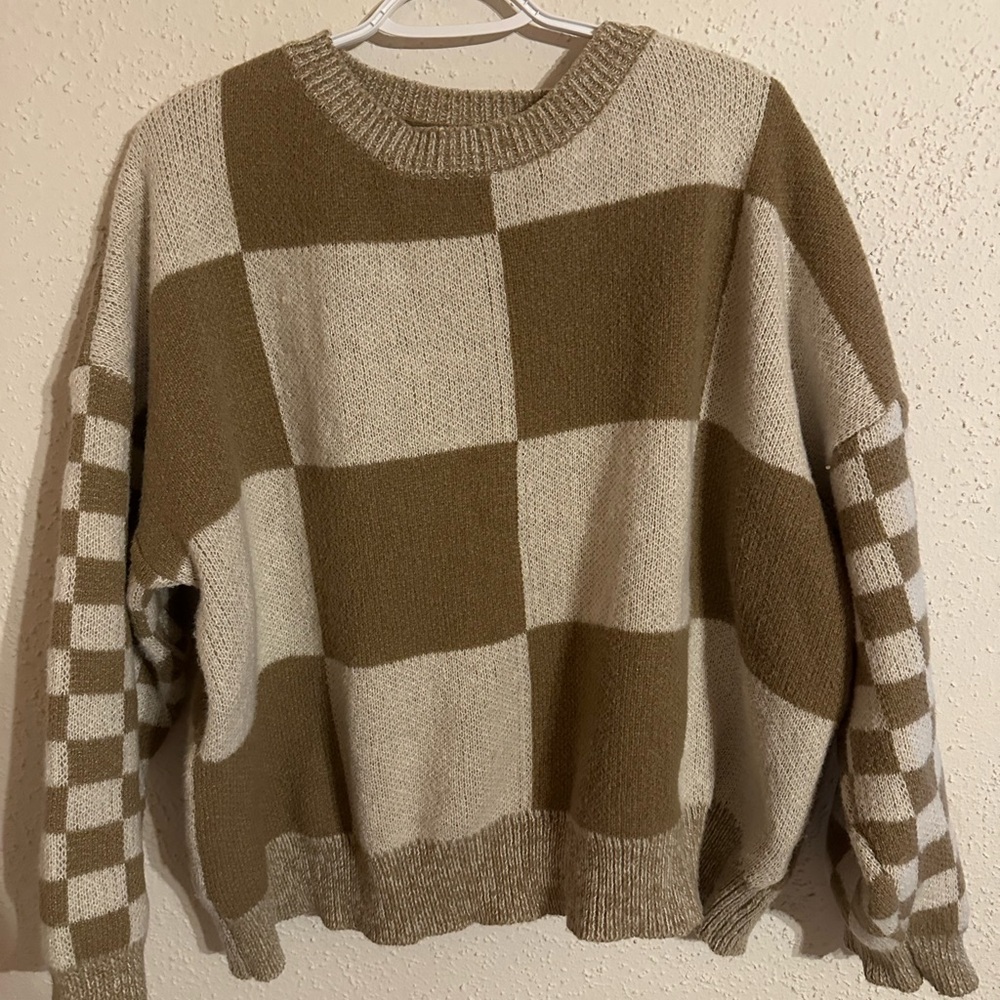 SHEIN Cream and Brown Checkerboard Knit Sweater